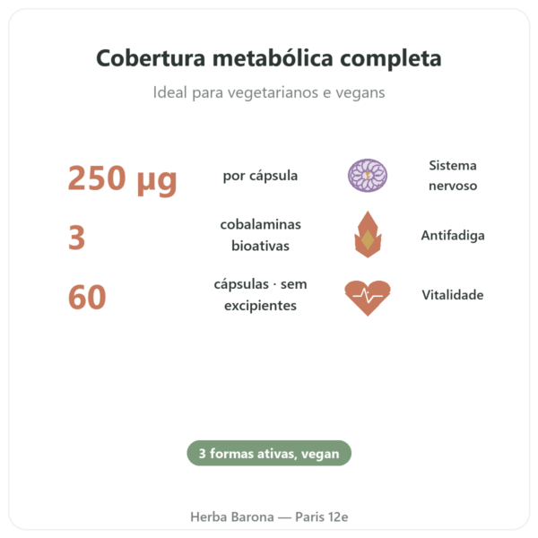 Vitamina B12 Dynveo 60 cápsulas 250µg 3 formas ativas benefícios e dados principais Paris Herba Barona
