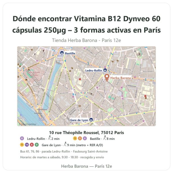 Dónde encontrar Vitamina B12 Dynveo 60 cápsulas 250µg – 3 formas activas en París - plano de la tienda Herba Barona Paris 12e