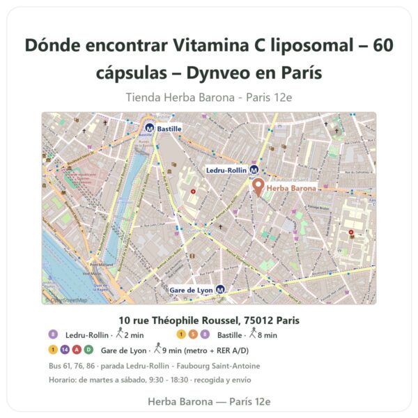 Dónde encontrar Vitamina C liposomal – 60 cápsulas – Dynveo en París - plano de la tienda Herba Barona Paris 12e