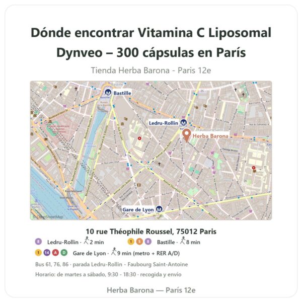 Dónde encontrar Vitamina C Liposomal Dynveo – 300 cápsulas en París - plano de la tienda Herba Barona Paris 12e