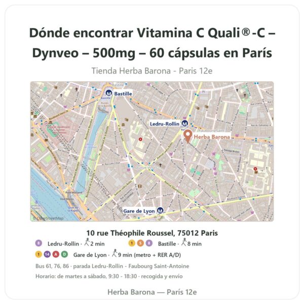 Dónde encontrar Vitamina C Quali®-C – Dynveo – 500mg – 60 cápsulas en París - plano de la tienda Herba Barona Paris 12e