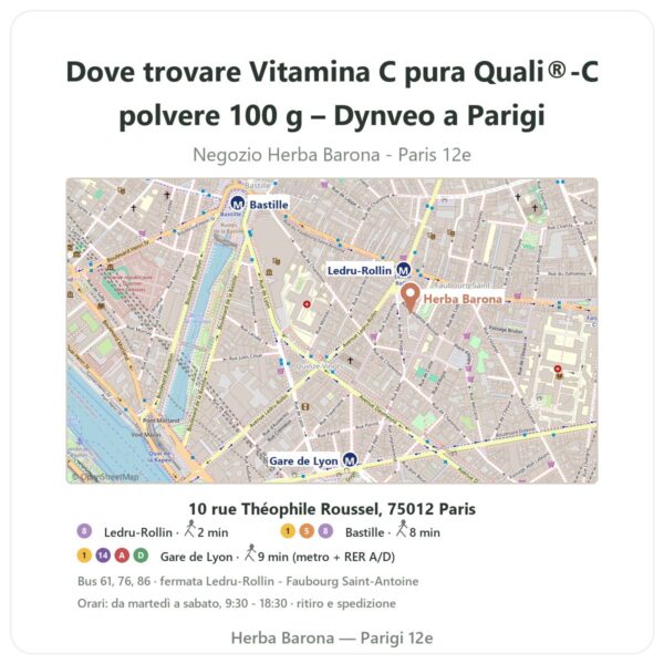 Dove trovare Vitamina C pura Quali®-C polvere 100 g – Dynveo a Parigi - mappa del negozio Herba Barona Paris 12e