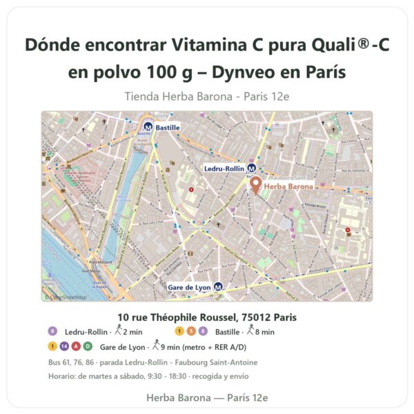 Dónde encontrar Vitamina C pura Quali®-C en polvo 100 g – Dynveo en París - plano de la tienda Herba Barona Paris 12e