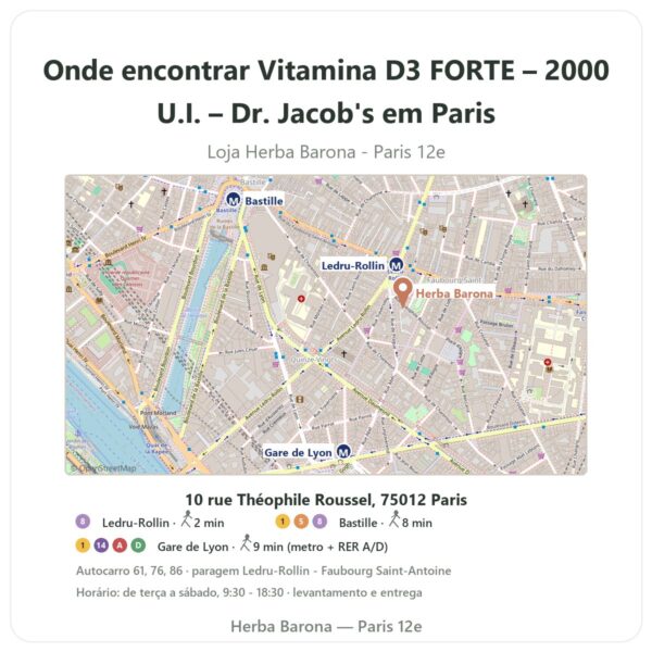 Onde encontrar Vitamina D3 FORTE – 2000 U.I. – Dr. Jacob's em Paris - mapa da loja Herba Barona Paris 12e