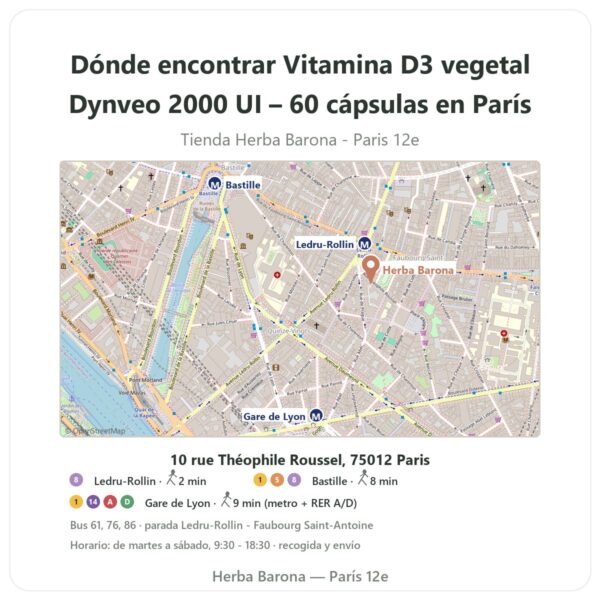 Dónde encontrar Vitamina D3 vegetal Dynveo 2000 UI – 60 cápsulas en París - plano de la tienda Herba Barona Paris 12e