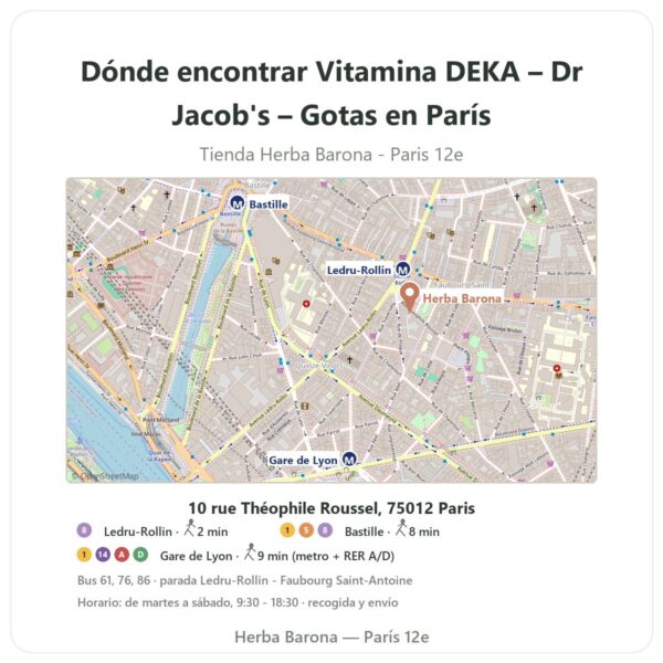 Dónde encontrar Vitamina DEKA – Dr Jacob's – Gotas en París - plano de la tienda Herba Barona Paris 12e