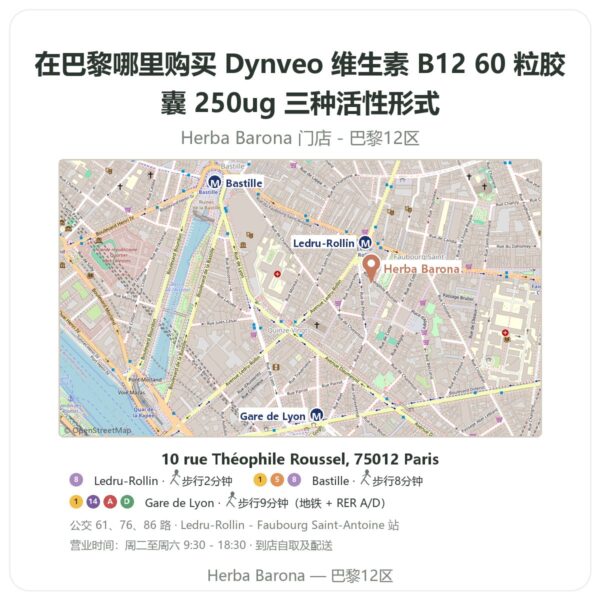 Dynveo 维生素 B12 60 粒胶囊 250ug 三种活性形式 巴黎哪里能买到 - 门店地图 Herba Barona Paris 12e