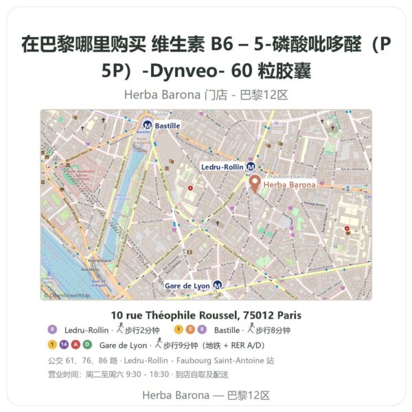 维生素 B6 – 5-磷酸吡哆醛(P5P)-Dynveo- 60 粒胶囊 巴黎哪里能买到 - 门店地图 Herba Barona Paris 12e