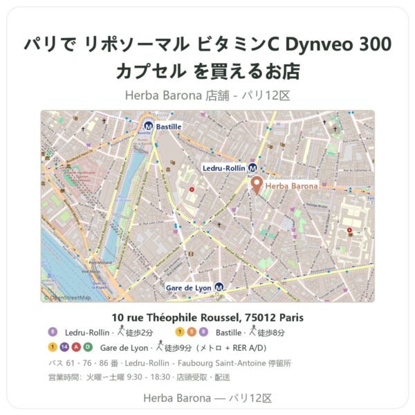 Where to find リポソーマル ビタミンC Dynveo 300カプセル in Paris - store map Herba Barona Paris 12e