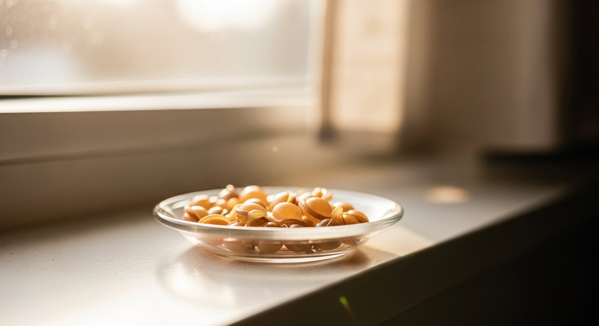 Güneşli bir pencere kenarında D vitamini kapsülleri, Herba Barona Paris