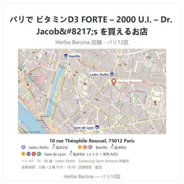 Where to find ビタミンD3 FORTE – 2000 U.I. – Dr. Jacob’s in Paris - store map Herba Barona Paris 12e