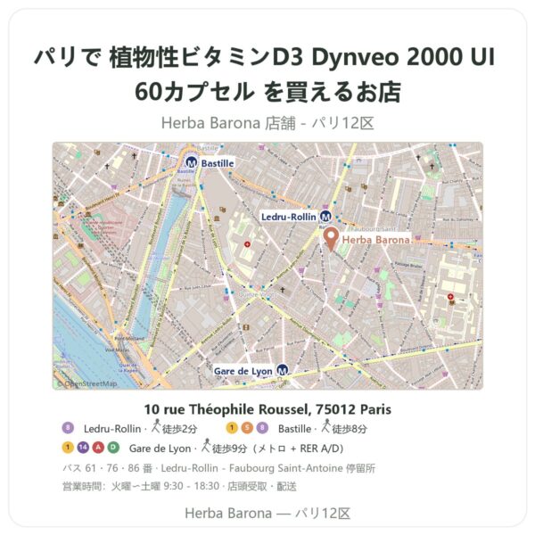 Where to find 植物性ビタミンD3 Dynveo 2000 UI 60カプセル in Paris - store map Herba Barona Paris 12e