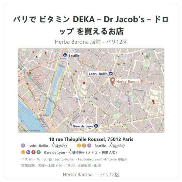 Where to find ビタミン DEKA – Dr Jacob's – ドロップ in Paris - store map Herba Barona Paris 12e