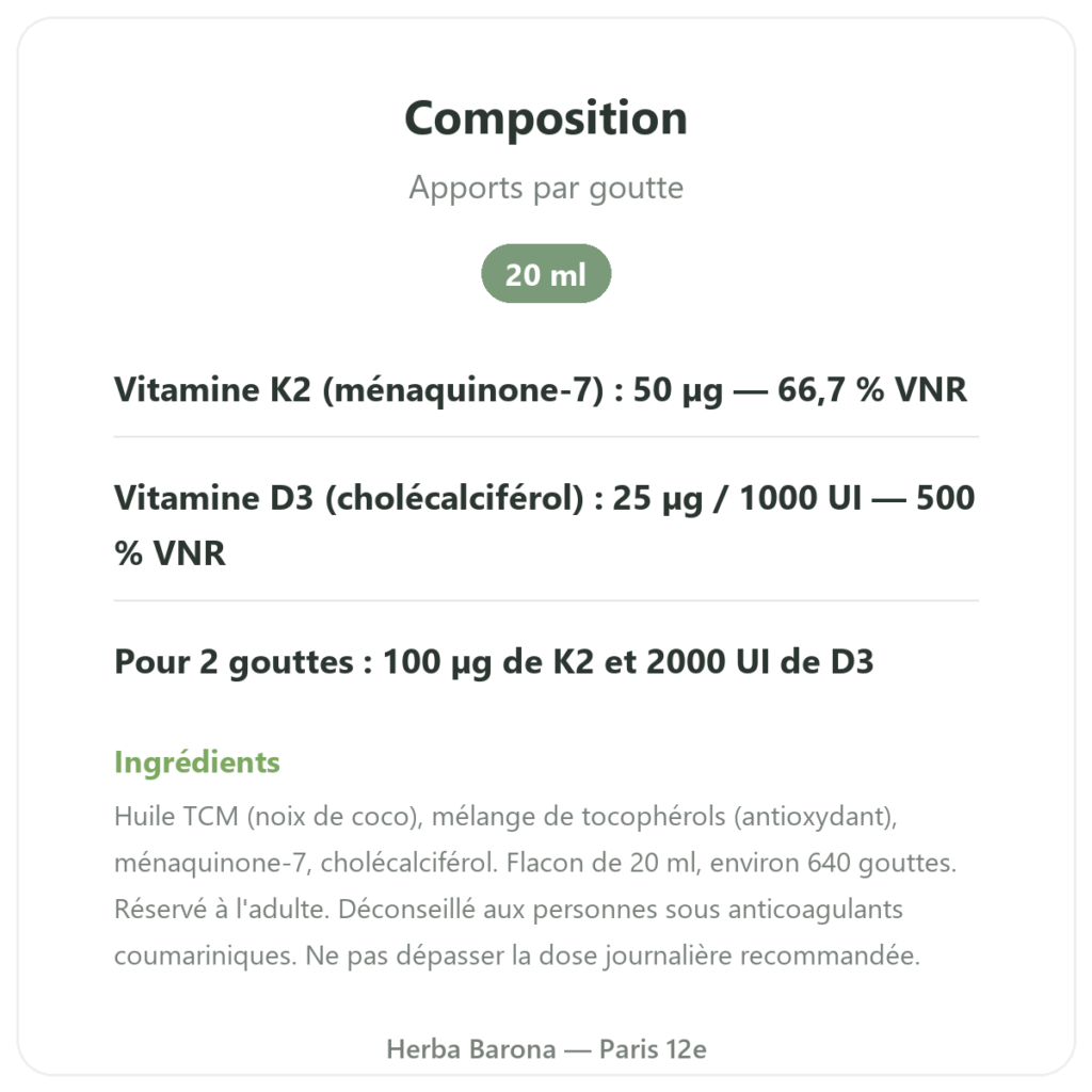 Vitamine K2D3 Dr. Jacob's 50 µg K2 MK-7 1000 UI D3 20 ml composition apports par goutte Paris Herba Barona