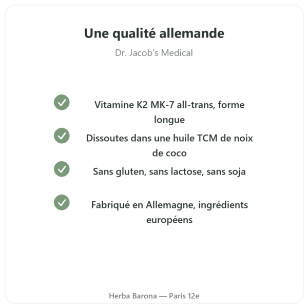 Vitamine K2D3 Dr. Jacob's 50 µg K2 MK-7 1000 UI D3 20 ml qualite fabrication allemande Paris Herba Barona
