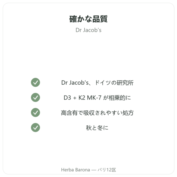 ビタミンD3 K2 FORTE – 2000 UI – DR. JACOB'S quality Paris Herba Barona