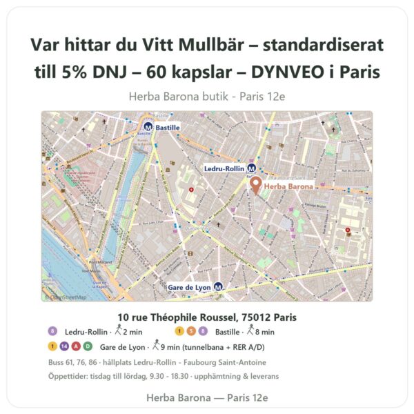 Var hittar du Vitt Mullbär – standardiserat till 5% DNJ – 60 kapslar – DYNVEO i Paris - butikskarta Herba Barona Paris 12e