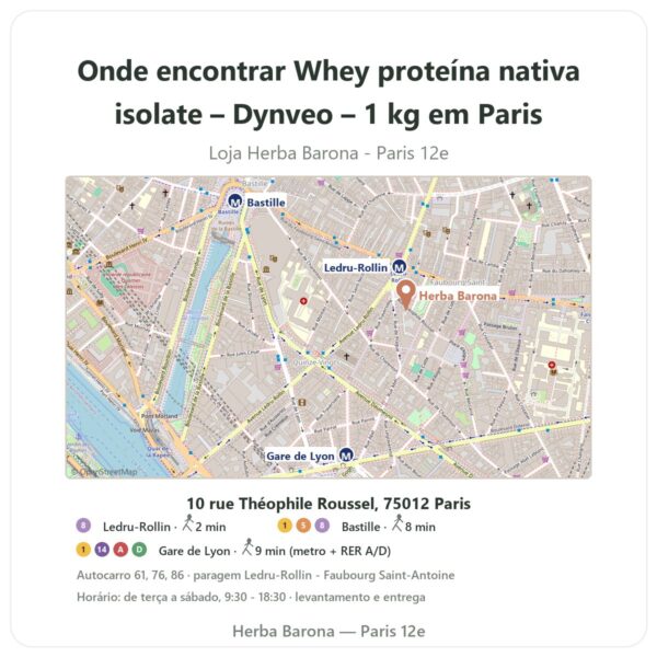 Onde encontrar Whey proteína nativa isolate – Dynveo – 1 kg em Paris - mapa da loja Herba Barona Paris 12e
