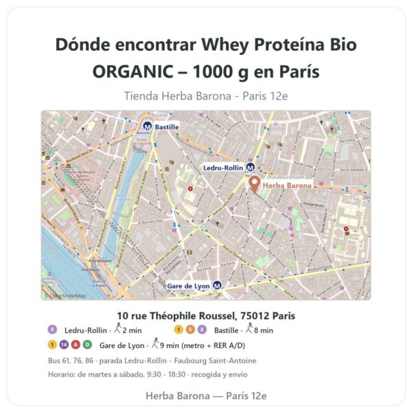 Dónde encontrar Whey Proteína Bio ORGANIC – 1000 g en París - plano de la tienda Herba Barona Paris 12e