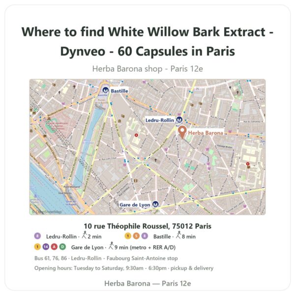 Where to find White Willow Bark Extract - Dynveo - 60 Capsules in Paris - store map Herba Barona Paris 12e