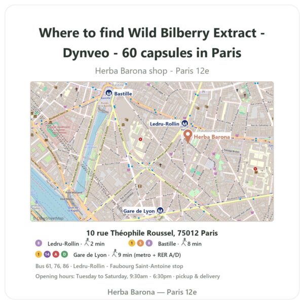 Where to find Wild Bilberry Extract - Dynveo - 60 capsules in Paris - store map Herba Barona Paris 12e