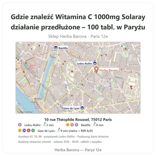 Gdzie znaleźć Witamina C 1000mg Solaray działanie przedłużone – 100 tabl. w Paryżu - mapa sklepu Herba Barona Paris 12e