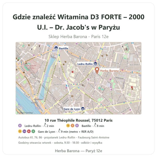Gdzie znaleźć Witamina D3 FORTE – 2000 U.I. – Dr. Jacob's w Paryżu - mapa sklepu Herba Barona Paris 12e