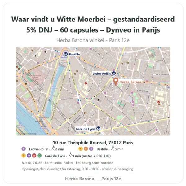 Waar vindt u Witte Moerbei – gestandaardiseerd 5% DNJ – 60 capsules – Dynveo in Parijs - winkelplattegrond Herba Barona Paris 12e