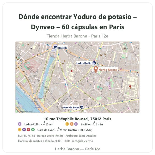 Dónde encontrar Yoduro de potasio – Dynveo – 60 cápsulas en París - plano de la tienda Herba Barona Paris 12e