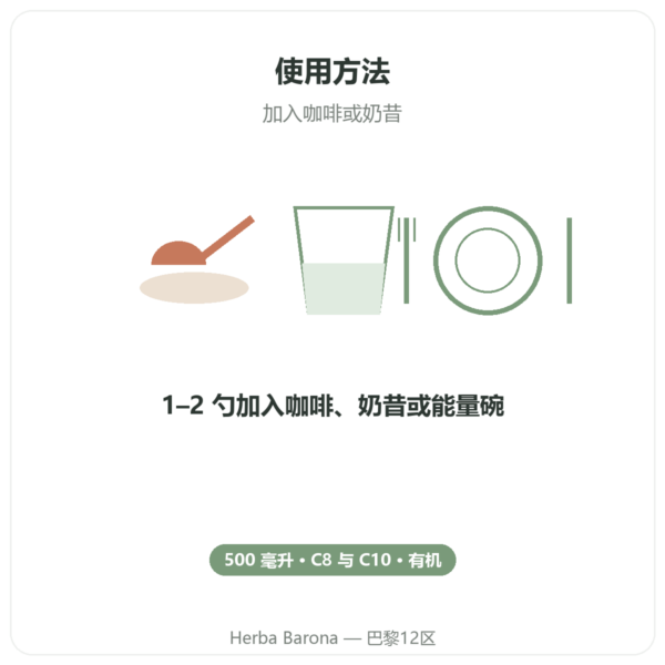 有机 MCT 油 Amanprana 500 ml – c8 与 c10 使用方法与建议剂量 Paris Herba Barona