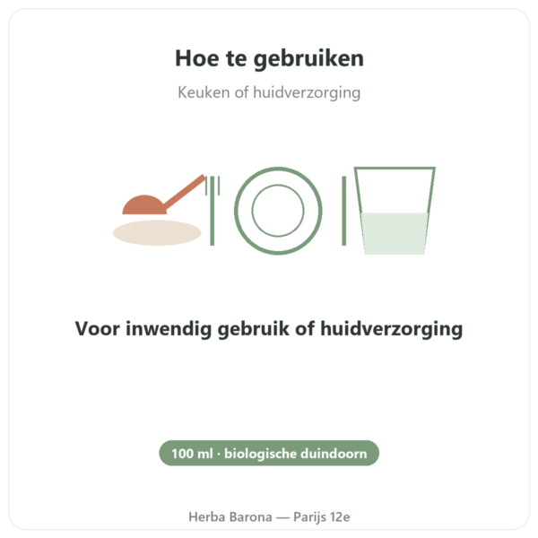 Zeeduindoornolie Bio – 100ml – Biokhaan gebruiksaanwijzing en dosering Paris Herba Barona