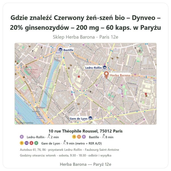 Gdzie znaleźć Czerwony żeń-szeń bio – Dynveo – 20% ginsenozydów – 200 mg – 60 kaps. w Paryżu - mapa sklepu Herba Barona Paris 12e