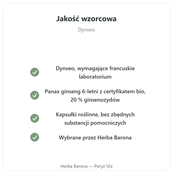 Czerwony żeń-szeń bio – Dynveo – 20% ginsenozydów – 200 mg – 60 kaps. jakość Paris Herba Barona