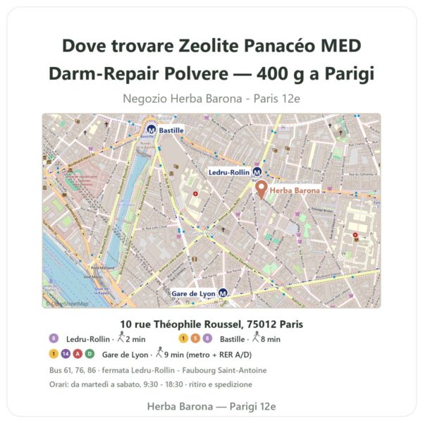 Dove trovare Zeolite Panacéo MED Darm-Repair Polvere — 400 g a Parigi - mappa del negozio Herba Barona Paris 12e