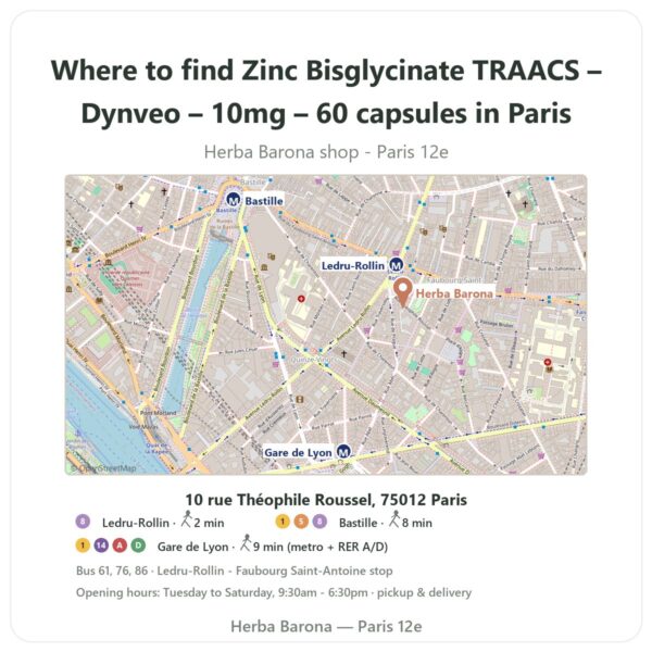 Where to find Zinc Bisglycinate TRAACS – Dynveo – 10mg – 60 capsules in Paris - store map Herba Barona Paris 12e