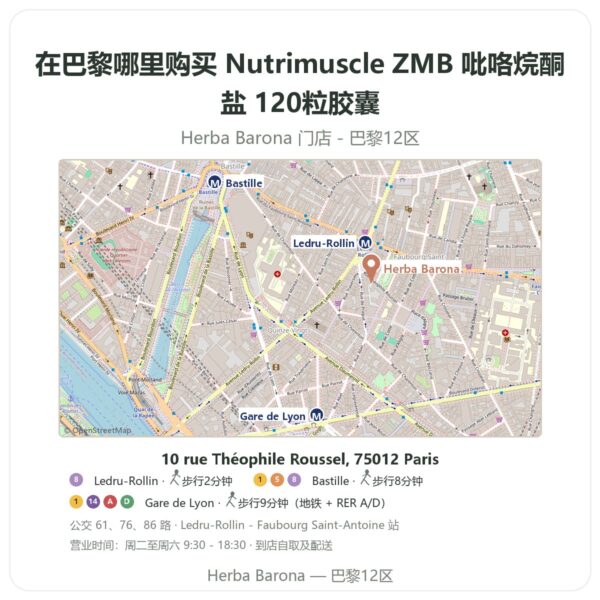 Nutrimuscle ZMB 吡咯烷酮盐 120粒胶囊 巴黎哪里能买到 - 门店地图 Herba Barona Paris 12e
