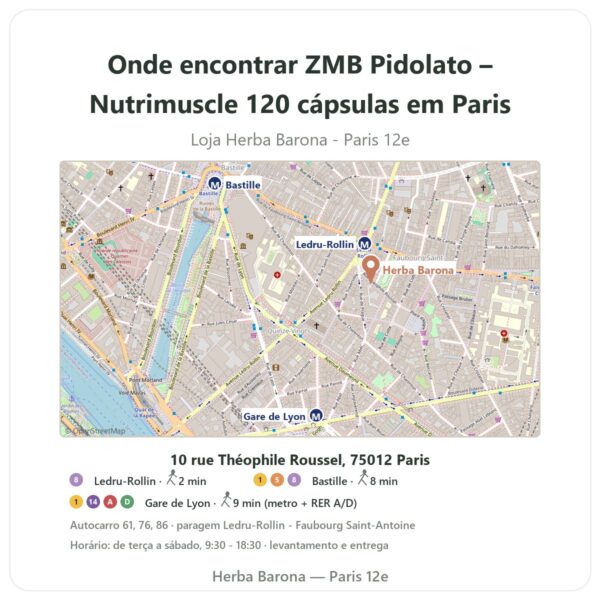 Onde encontrar ZMB Pidolato – Nutrimuscle 120 cápsulas em Paris - mapa da loja Herba Barona Paris 12e