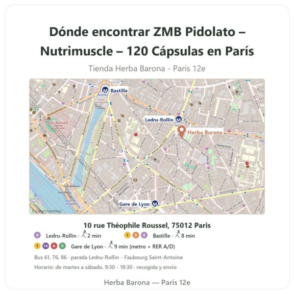 Dónde encontrar ZMB Pidolato – Nutrimuscle – 120 Cápsulas en París - plano de la tienda Herba Barona Paris 12e