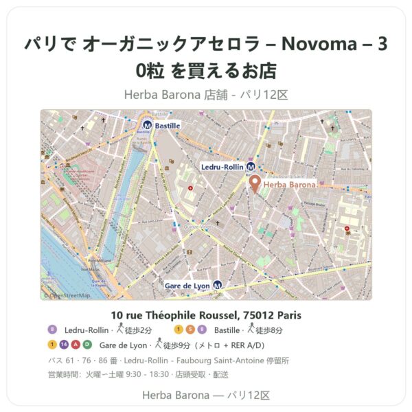 Where to find オーガニックアセロラ – Novoma – 30粒 in Paris - store map Herba Barona Paris 12e