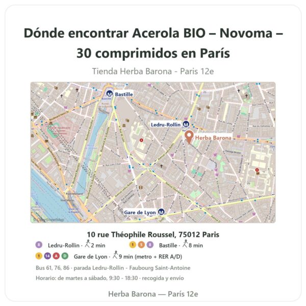 Dónde encontrar Acerola BIO – Novoma – 30 comprimidos en París - plano de la tienda Herba Barona Paris 12e