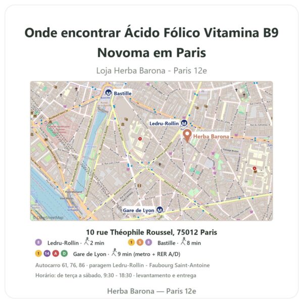 Onde encontrar Ácido Fólico Vitamina B9 Novoma em Paris - mapa da loja Herba Barona Paris 12e