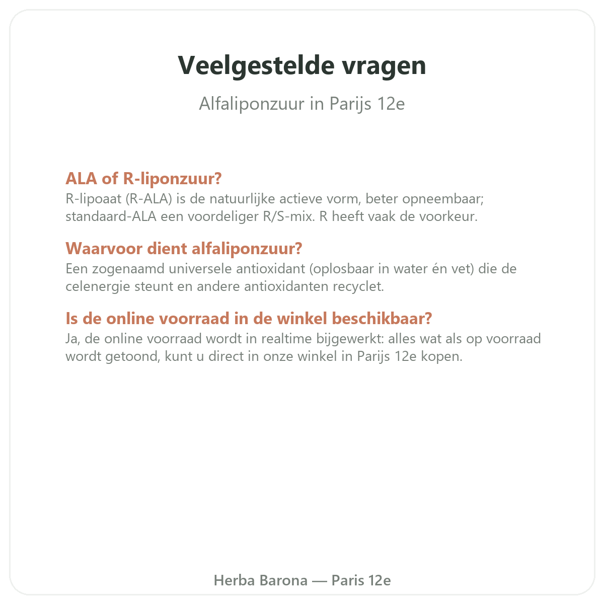 Veelgestelde vragen alfa-liponzuur in Parijs - Herba Barona Parijs 12e