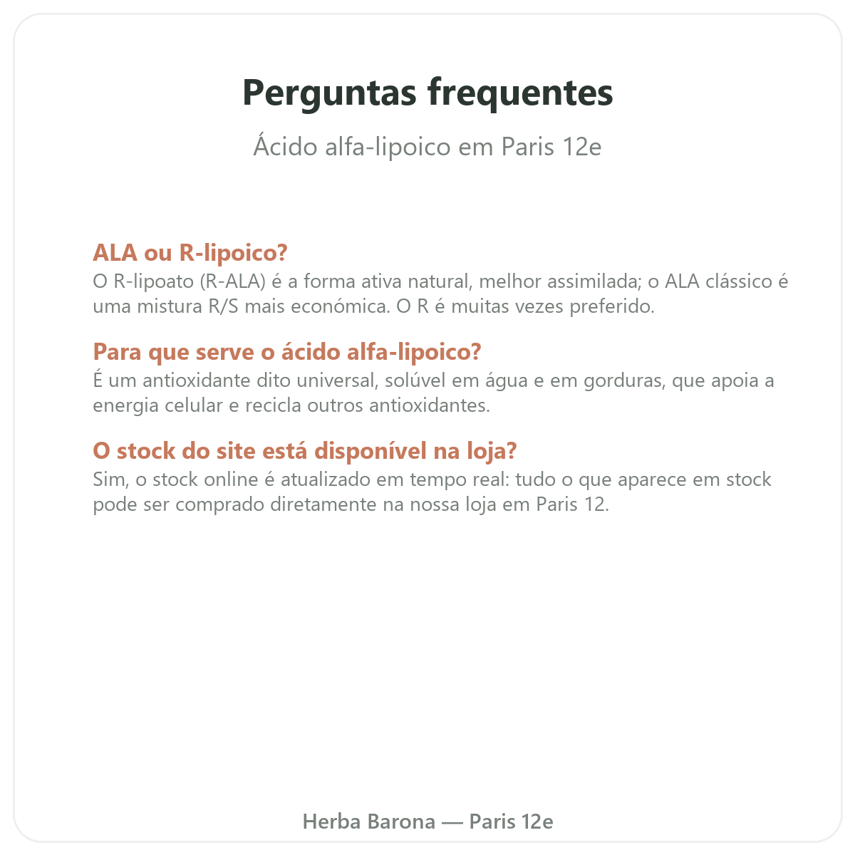 Perguntas frequentes ácido alfa lipoico em Paris - Herba Barona, Paris 12e