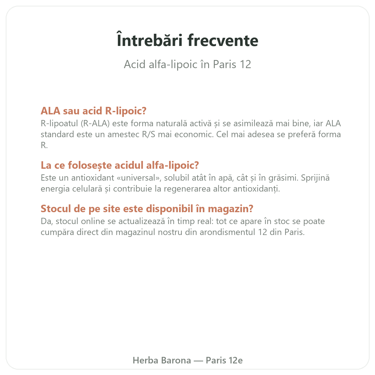Întrebări frecvente acid alfa-lipoic Paris în Paris - Herba Barona Paris, arondismentul 12