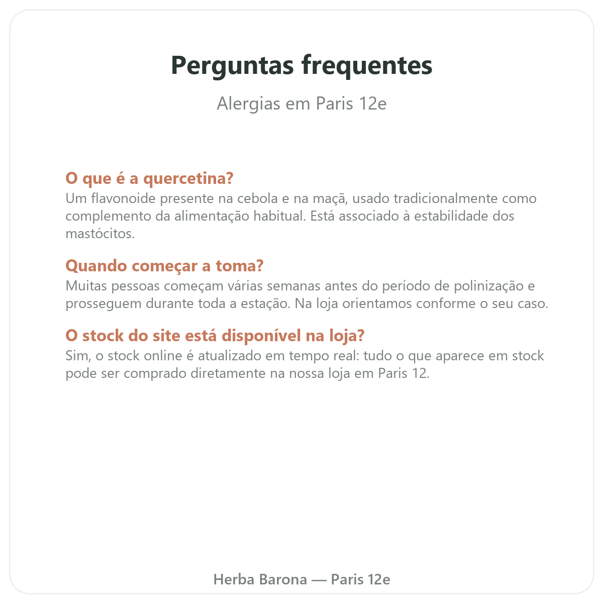 Perguntas frequentes suplementos para alergias em Paris - Herba Barona Paris 12e