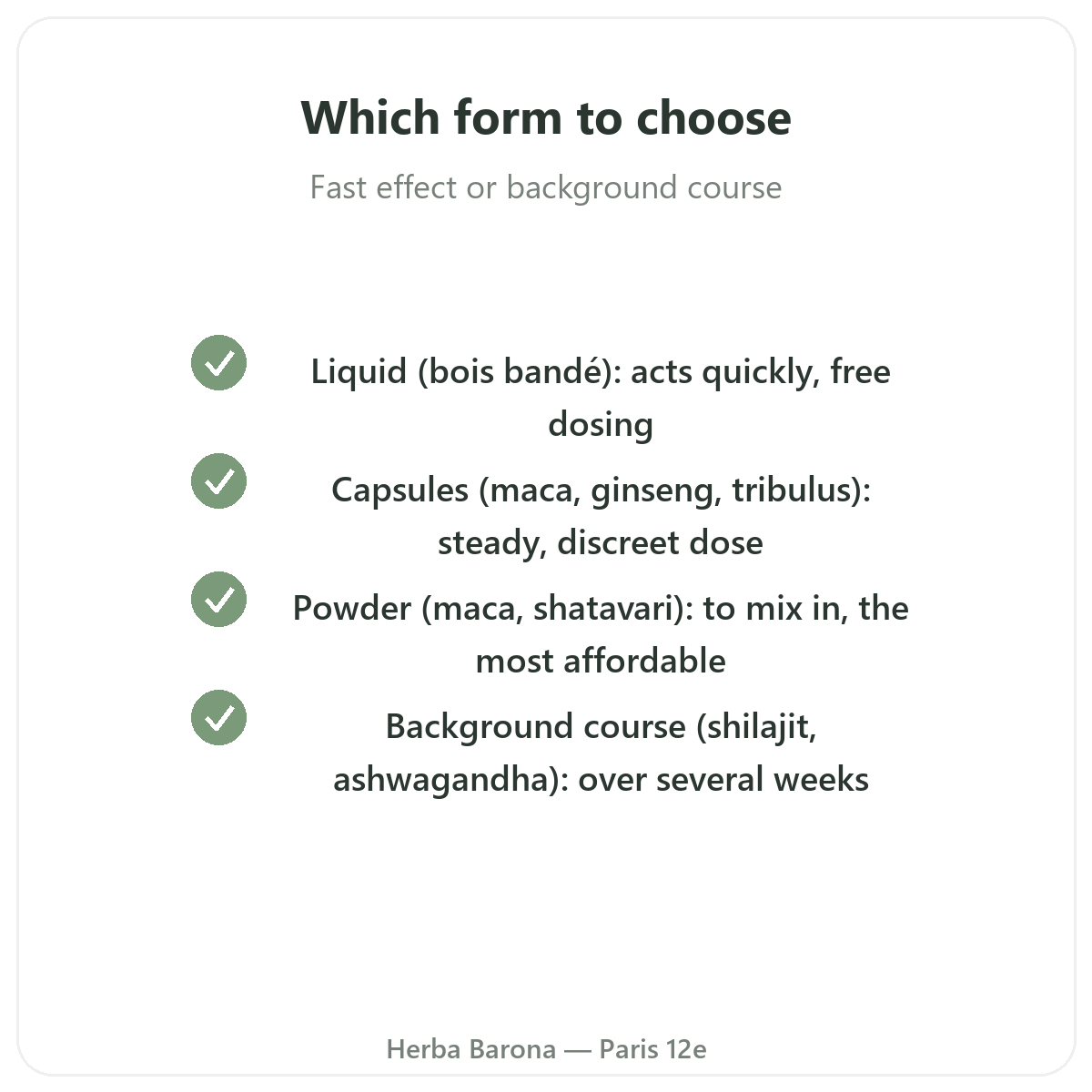 Which form of aphrodisiac to choose — liquid, capsules, powder — Herba Barona Paris 12th