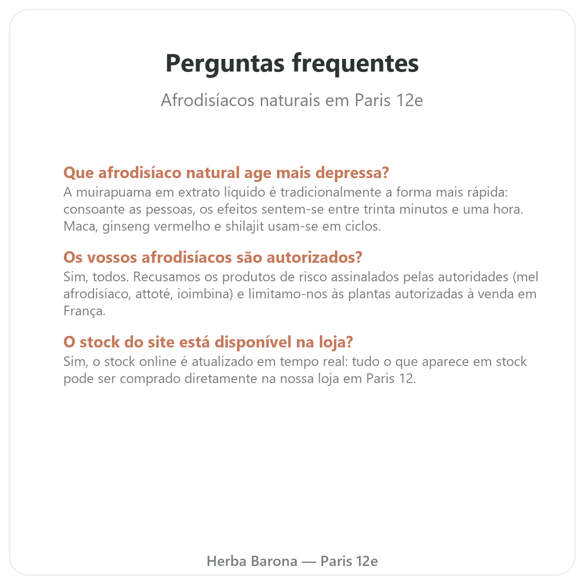 Perguntas frequentes afrodisíacos naturais em Paris — Herba Barona Paris 12e