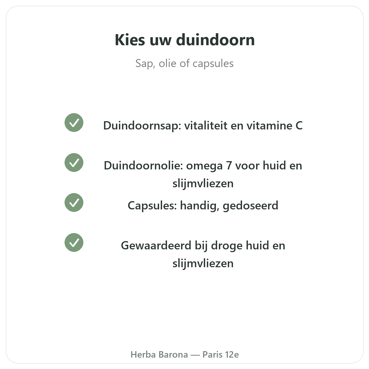 Duindoornolie omega-7 Parijs - kwaliteitsverbintenissen bij Herba Barona Parijs 12e