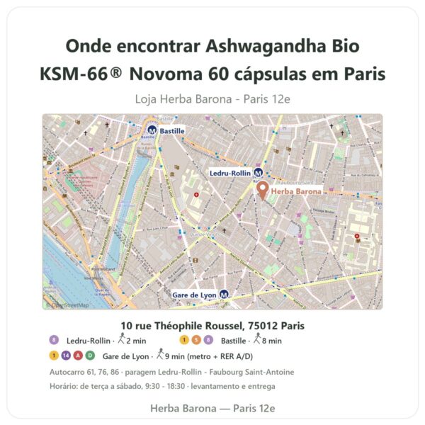 Onde encontrar Ashwagandha Bio KSM-66® Novoma 60 cápsulas em Paris - mapa da loja Herba Barona Paris 12e