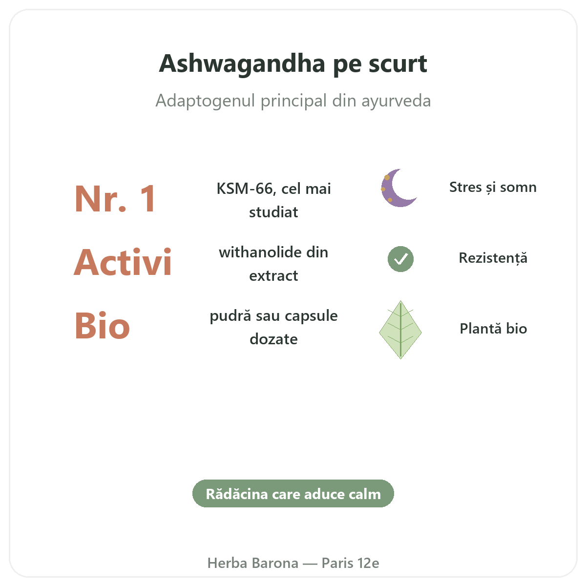 Ashwagandha KSM-66 Paris pe scurt - cifre cheie la Herba Barona Paris 12e